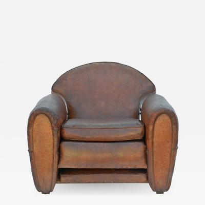 Exceptional Aged Leather French Art Deco Adjustable Club Chair