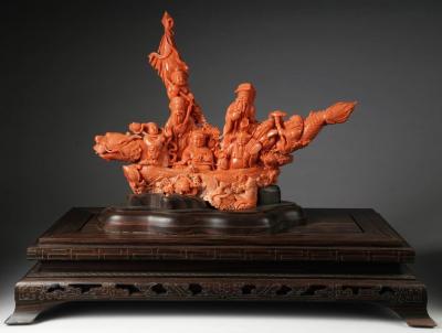 Exceptional Chinese Carved Coral Figural Group of a Boat with Eight Immortals