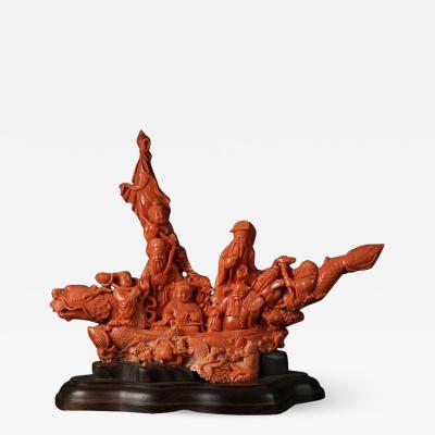 Exceptional Chinese Carved Coral Figural Group of a Boat with Eight Immortals