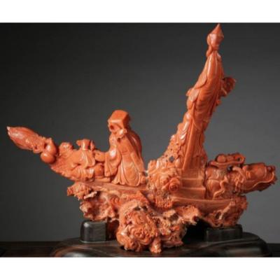 Exceptional Chinese Carved Coral Figural Group of a Boat with Eight Immortals