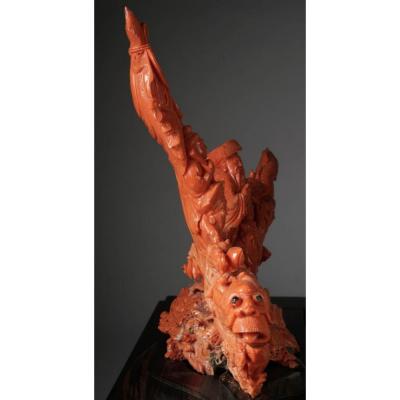 Exceptional Chinese Carved Coral Figural Group of a Boat with Eight Immortals