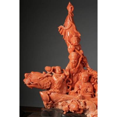 Exceptional Chinese Carved Coral Figural Group of a Boat with Eight Immortals