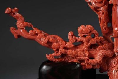 Exceptional Chinese Carved Coral Figural Group of a Guanyin Kwan Yin Phoenix