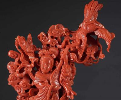 Exceptional Chinese Carved Coral Figural Group of a Guanyin Kwan Yin Phoenix