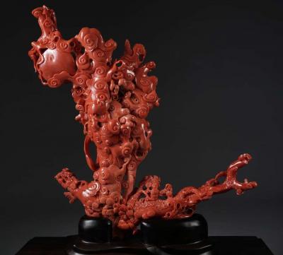 Exceptional Chinese Carved Coral Figural Group of a Guanyin Kwan Yin Phoenix