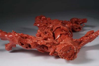 Exceptional Chinese Carved Coral Figural Group of a Guanyin Kwan Yin Phoenix