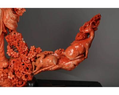 Exceptional Chinese Carved Coral Figure of a Guanyin with Deer
