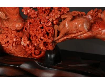 Exceptional Chinese Carved Coral Figure of a Guanyin with Deer