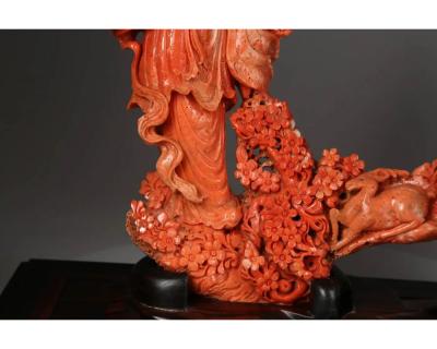 Exceptional Chinese Carved Coral Figure of a Guanyin with Deer