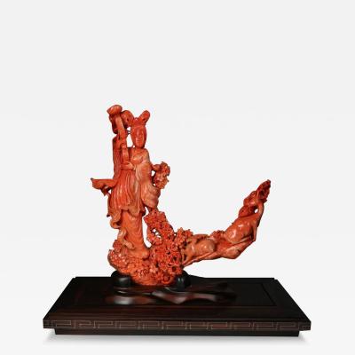 Exceptional Chinese Carved Coral Figure of a Guanyin with Deer