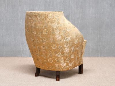 Exceptional Danish Cabinetmaker Barrel Back Armchair in Floral Damask 1920s