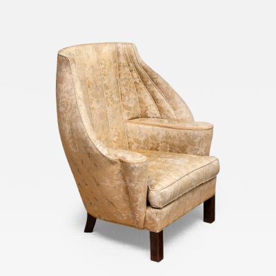 Exceptional Danish Cabinetmaker Barrel Back Armchair in Floral Damask 1920s
