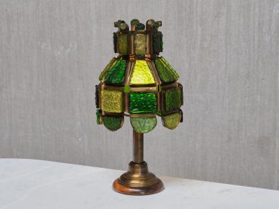 Exceptional Italian Brutalist Green Dalle de Verre Table Lamp in Brass 1970s