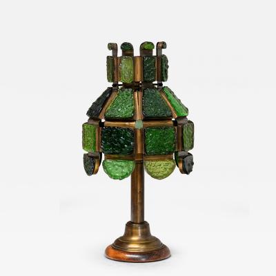 Exceptional Italian Brutalist Green Dalle de Verre Table Lamp in Brass 1970s