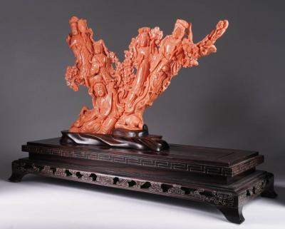 Exceptional Large Chinese Carved Coral Figural Group Statue of Female Immortals