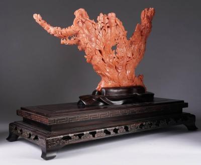 Exceptional Large Chinese Carved Coral Figural Group Statue of Female Immortals