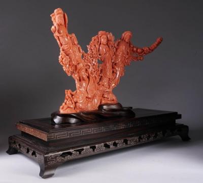 Exceptional Large Chinese Carved Coral Figural Group Statue of Female Immortals