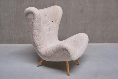 Exceptional Organic Swedish Modern Easy Chair in Sheepskin and Beech Late 1940s