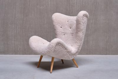 Exceptional Organic Swedish Modern Easy Chair in Sheepskin and Beech Late 1940s