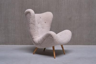 Exceptional Organic Swedish Modern Easy Chair in Sheepskin and Beech Late 1940s