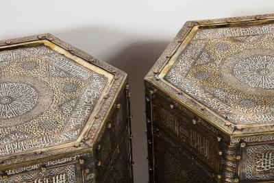 Exceptional Pair of Islamic Mamluk Revival Silver Inlaid Quran Side Tables