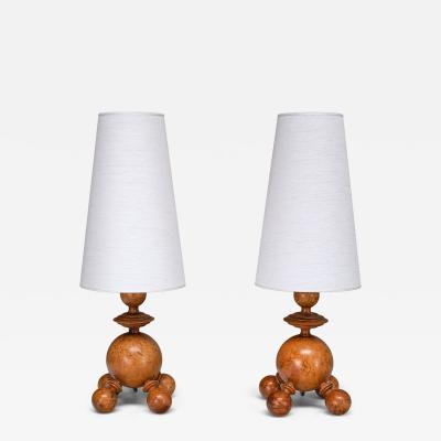 Exceptional Pair of Swedish Modern Table Lamps in Turned Masur Birch 1930s