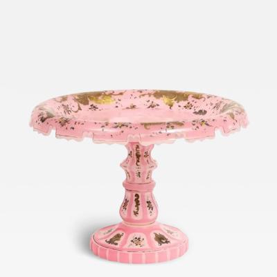 Exceptional Quality Pink Triple Overlay Enameled Bohemian Glass Cake Stand