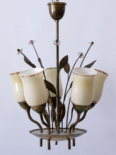 Exceptional Scandinavian Brass Opal Glass Chandelier or Ceiling Lamp 1950s