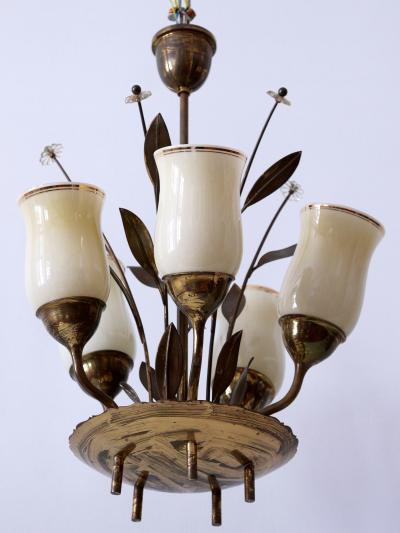 Exceptional Scandinavian Brass Opal Glass Chandelier or Ceiling Lamp 1950s