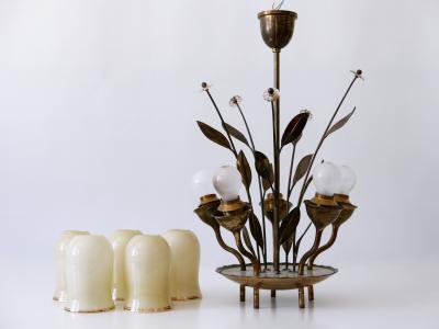 Exceptional Scandinavian Brass Opal Glass Chandelier or Ceiling Lamp 1950s