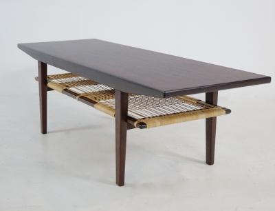 Exceptional Scandinavian Modern Rosewood Coffee Table w Caned Shelf