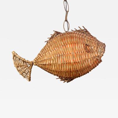 Exceptional and Rare Mid Century French Wicker Fish Ceiling Light