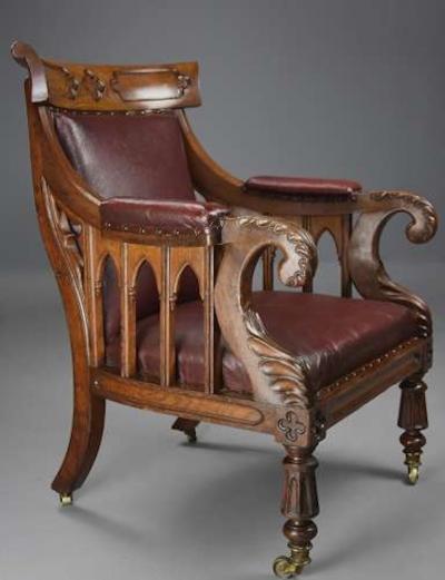 Exceptional early 19thc Gothic revival oak library armchair