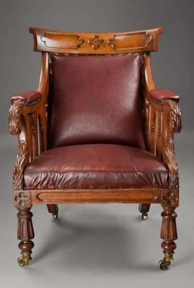 Exceptional early 19thc Gothic revival oak library armchair