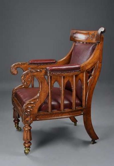 Exceptional early 19thc Gothic revival oak library armchair