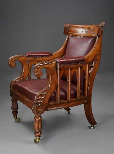 Exceptional early 19thc Gothic revival oak library armchair