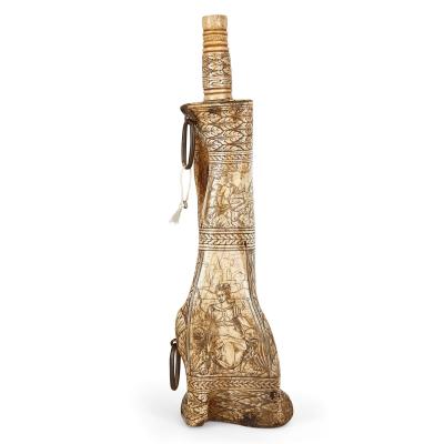 Exceptionally detailed 19th century carved bone gunpowder flask