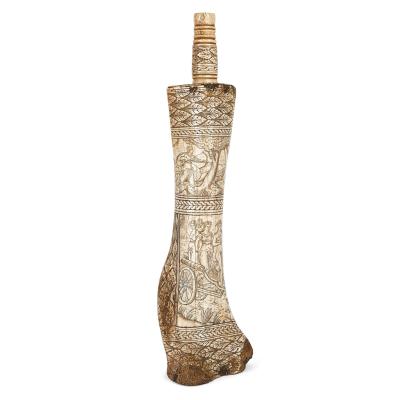 Exceptionally detailed 19th century carved bone gunpowder flask