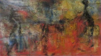 Exciting Gino Hollander Style Abstract Oil Painting Mid Century Modern