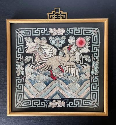 Exhibited Framed Chinese Qing Dynasty Embroidered Fifth Rank Badge