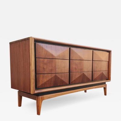 Expertly Restored United Furniture Walnut Diamond Triple Dresser 9 Drawers 1960s