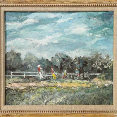 Expressionist Mid Century Landscape of Cyclists in Oil on Canvas
