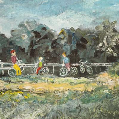 Expressionist Mid Century Landscape of Cyclists in Oil on Canvas