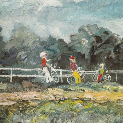Expressionist Mid Century Landscape of Cyclists in Oil on Canvas