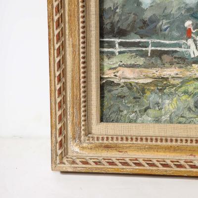 Expressionist Mid Century Landscape of Cyclists in Oil on Canvas