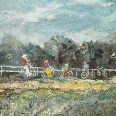 Expressionist Mid Century Landscape of Cyclists in Oil on Canvas
