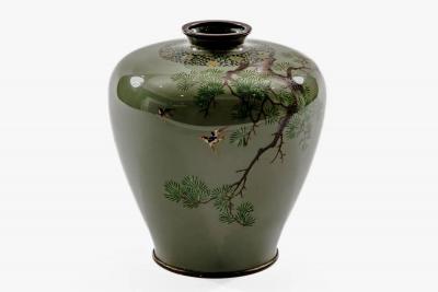 Exquisite Cloisonn Enamel Vase Birds Pine Celadon Ground Attributed Hayashi
