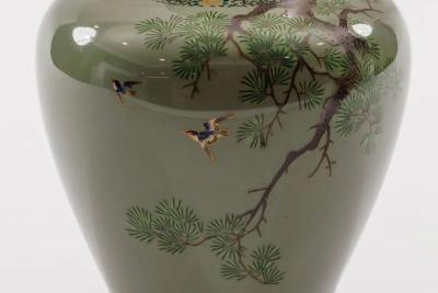 Exquisite Cloisonn Enamel Vase Birds Pine Celadon Ground Attributed Hayashi