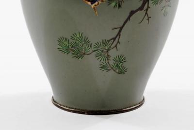 Exquisite Cloisonn Enamel Vase Birds Pine Celadon Ground Attributed Hayashi