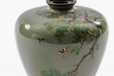 Exquisite Cloisonn Enamel Vase Birds Pine Celadon Ground Attributed Hayashi